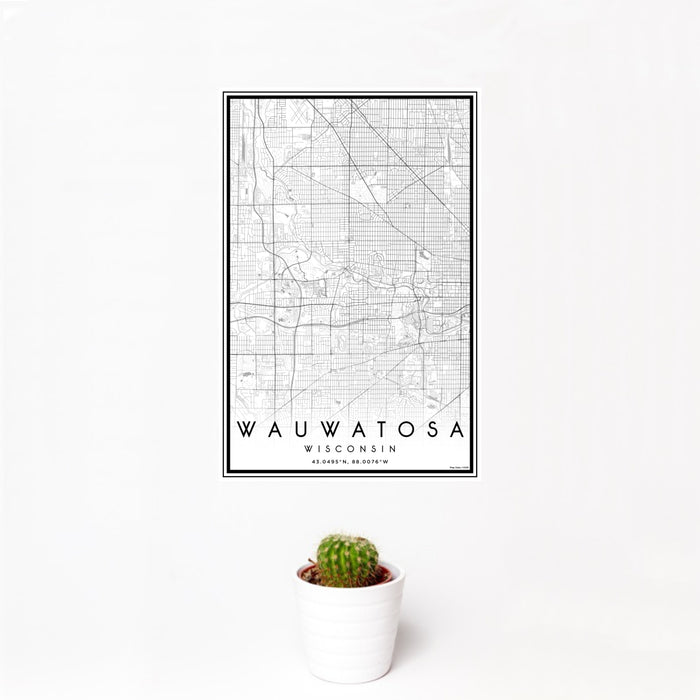 12x18 Wauwatosa Wisconsin Map Print Portrait Orientation in Classic Style With Small Cactus Plant in White Planter