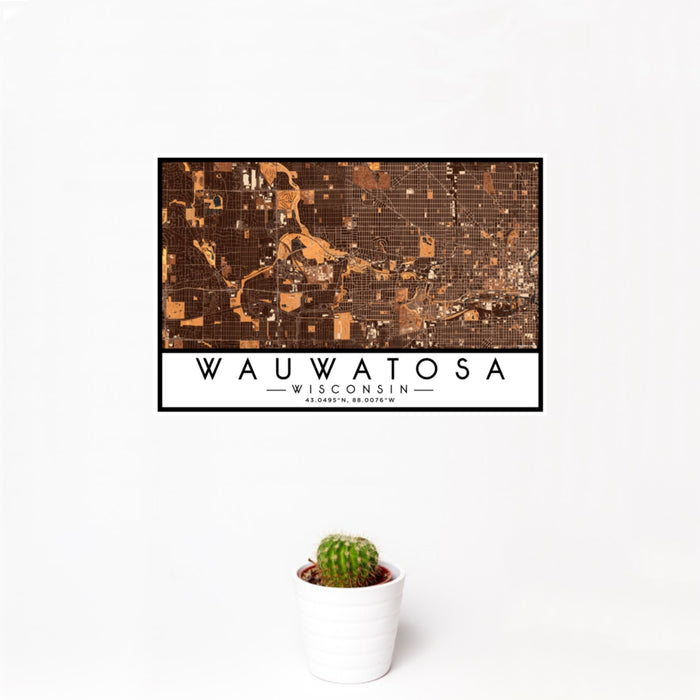 12x18 Wauwatosa Wisconsin Map Print Landscape Orientation in Ember Style With Small Cactus Plant in White Planter