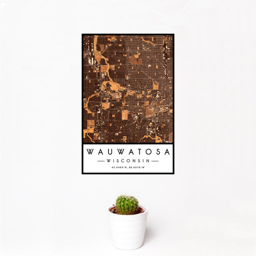 12x18 Wauwatosa Wisconsin Map Print Portrait Orientation in Ember Style With Small Cactus Plant in White Planter