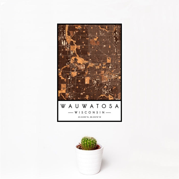 12x18 Wauwatosa Wisconsin Map Print Portrait Orientation in Ember Style With Small Cactus Plant in White Planter