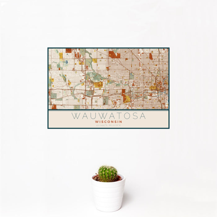 12x18 Wauwatosa Wisconsin Map Print Landscape Orientation in Woodblock Style With Small Cactus Plant in White Planter