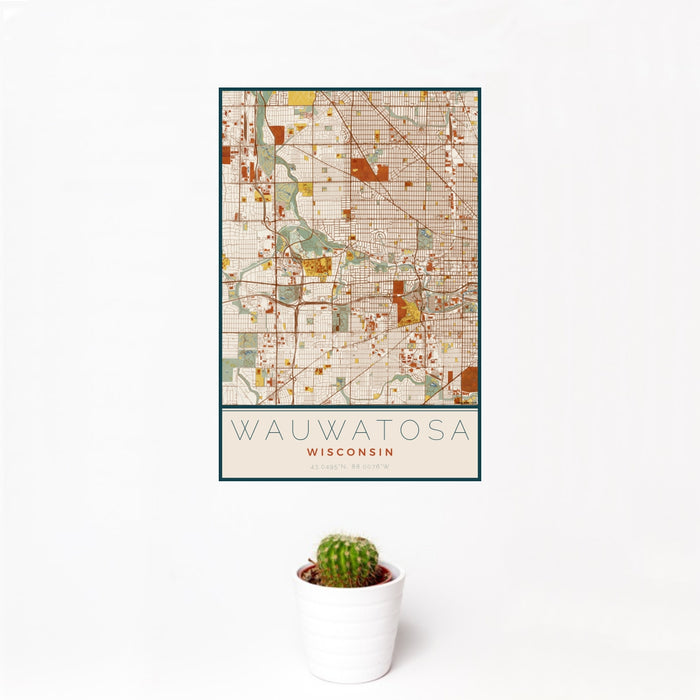 12x18 Wauwatosa Wisconsin Map Print Portrait Orientation in Woodblock Style With Small Cactus Plant in White Planter