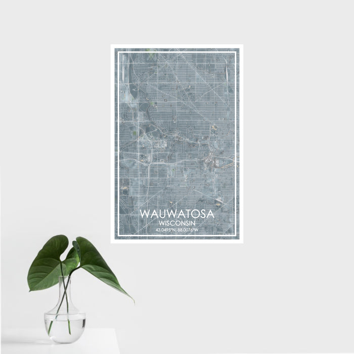 16x24 Wauwatosa Wisconsin Map Print Portrait Orientation in Afternoon Style With Tropical Plant Leaves in Water