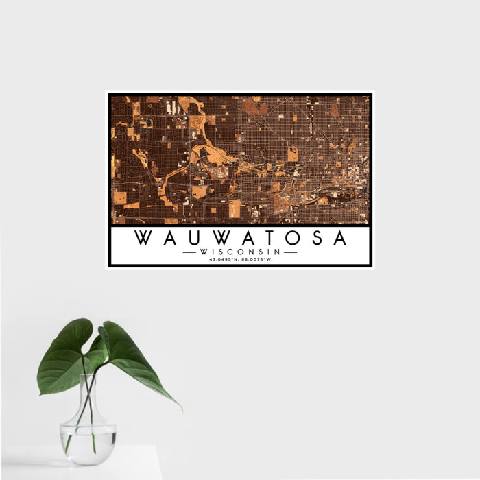 16x24 Wauwatosa Wisconsin Map Print Landscape Orientation in Ember Style With Tropical Plant Leaves in Water
