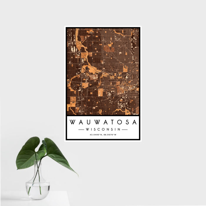 16x24 Wauwatosa Wisconsin Map Print Portrait Orientation in Ember Style With Tropical Plant Leaves in Water