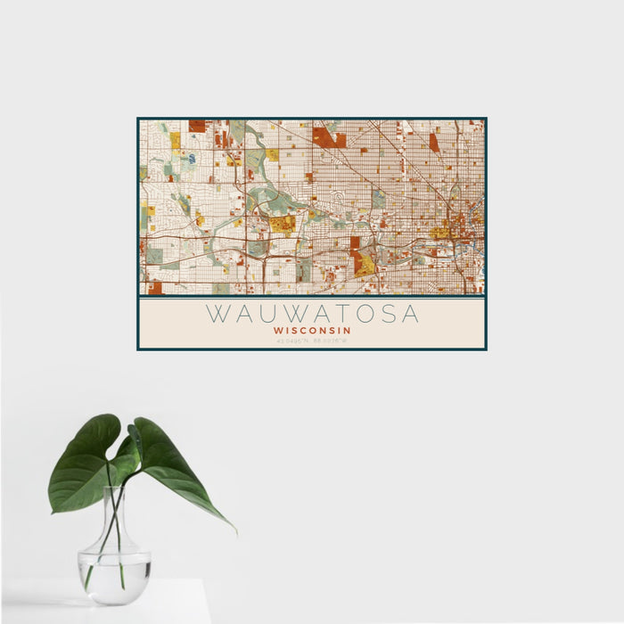 16x24 Wauwatosa Wisconsin Map Print Landscape Orientation in Woodblock Style With Tropical Plant Leaves in Water
