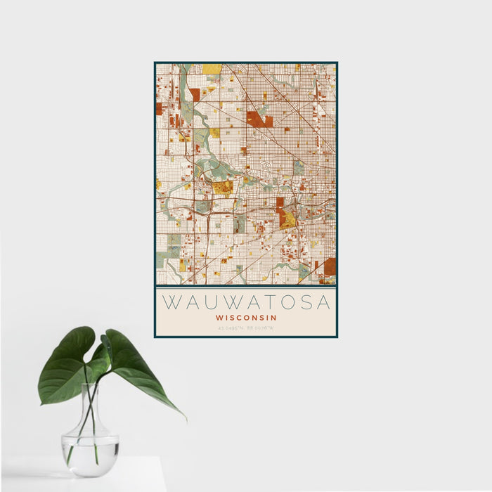 16x24 Wauwatosa Wisconsin Map Print Portrait Orientation in Woodblock Style With Tropical Plant Leaves in Water