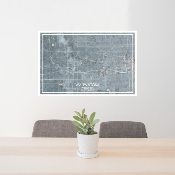 24x36 Wauwatosa Wisconsin Map Print Lanscape Orientation in Afternoon Style Behind 2 Chairs Table and Potted Plant