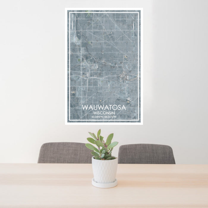 24x36 Wauwatosa Wisconsin Map Print Portrait Orientation in Afternoon Style Behind 2 Chairs Table and Potted Plant