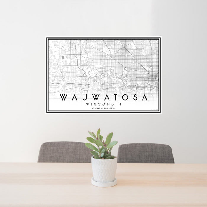 24x36 Wauwatosa Wisconsin Map Print Lanscape Orientation in Classic Style Behind 2 Chairs Table and Potted Plant