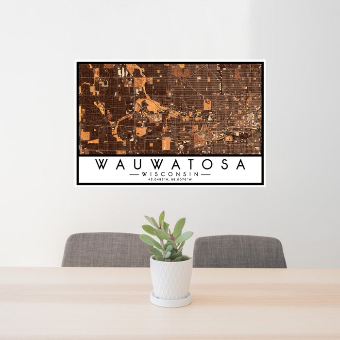 24x36 Wauwatosa Wisconsin Map Print Lanscape Orientation in Ember Style Behind 2 Chairs Table and Potted Plant