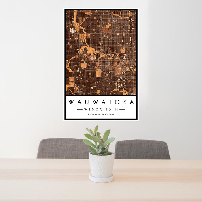 24x36 Wauwatosa Wisconsin Map Print Portrait Orientation in Ember Style Behind 2 Chairs Table and Potted Plant