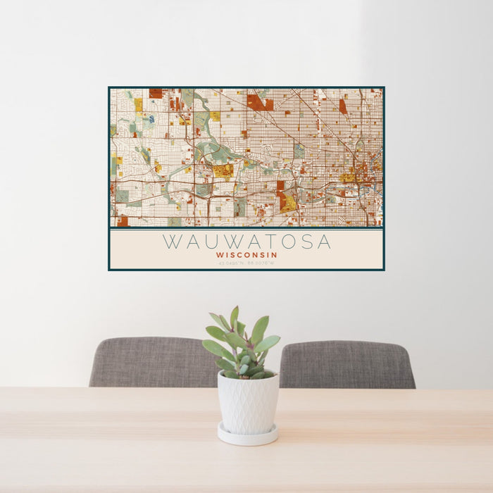 24x36 Wauwatosa Wisconsin Map Print Lanscape Orientation in Woodblock Style Behind 2 Chairs Table and Potted Plant