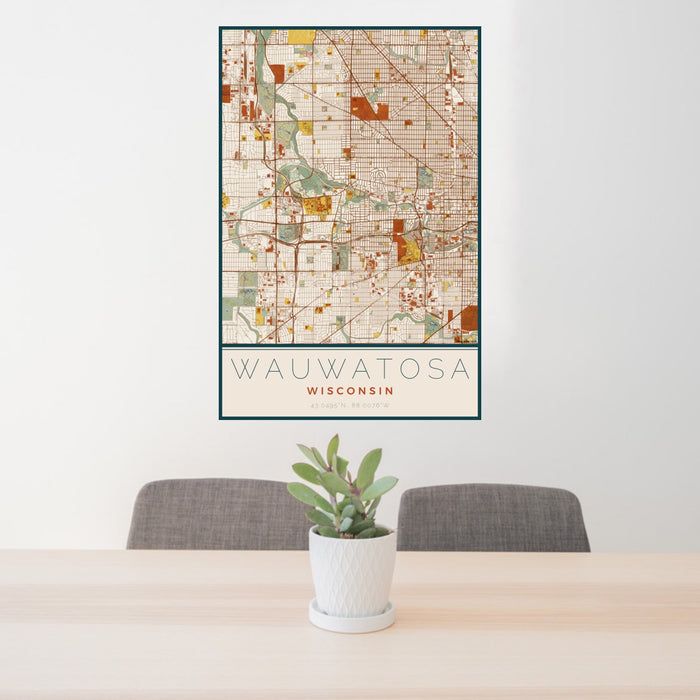 24x36 Wauwatosa Wisconsin Map Print Portrait Orientation in Woodblock Style Behind 2 Chairs Table and Potted Plant