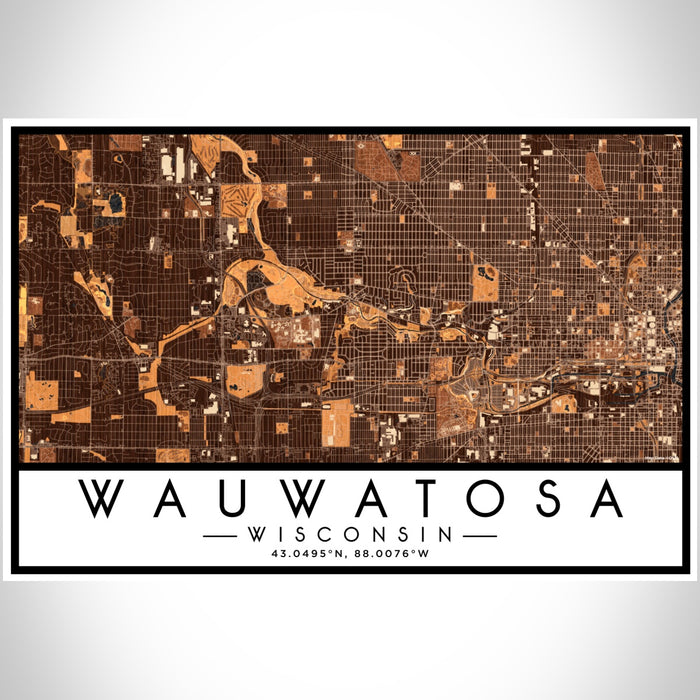 Wauwatosa Wisconsin Map Print Landscape Orientation in Ember Style With Shaded Background