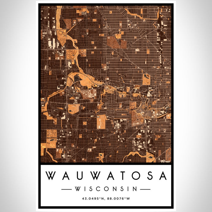 Wauwatosa Wisconsin Map Print Portrait Orientation in Ember Style With Shaded Background