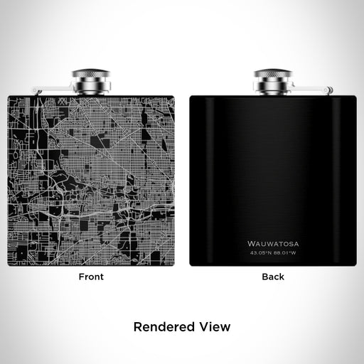 Rendered View of Wauwatosa Wisconsin Map Engraving on 6oz Stainless Steel Flask in Black