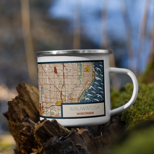 Right View Custom Wauwatosa Wisconsin Map Enamel Mug in Woodblock on Grass With Trees in Background