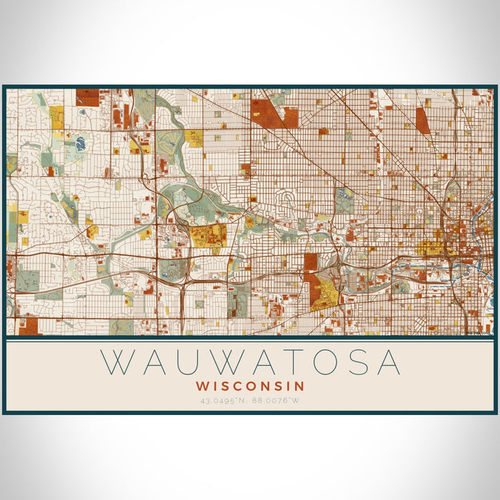 Wauwatosa Wisconsin Map Print Landscape Orientation in Woodblock Style With Shaded Background