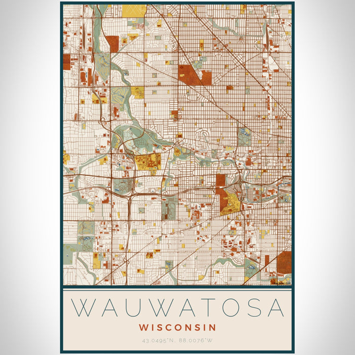 Wauwatosa Wisconsin Map Print Portrait Orientation in Woodblock Style With Shaded Background