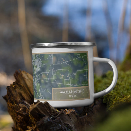 Right View Custom Waxahachie Texas Map Enamel Mug in Afternoon on Grass With Trees in Background