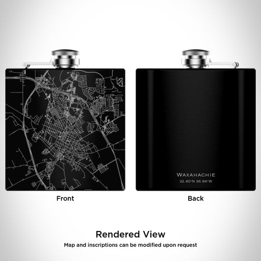 Rendered View of Waxahachie Texas Map Engraving on 6oz Stainless Steel Flask in Black