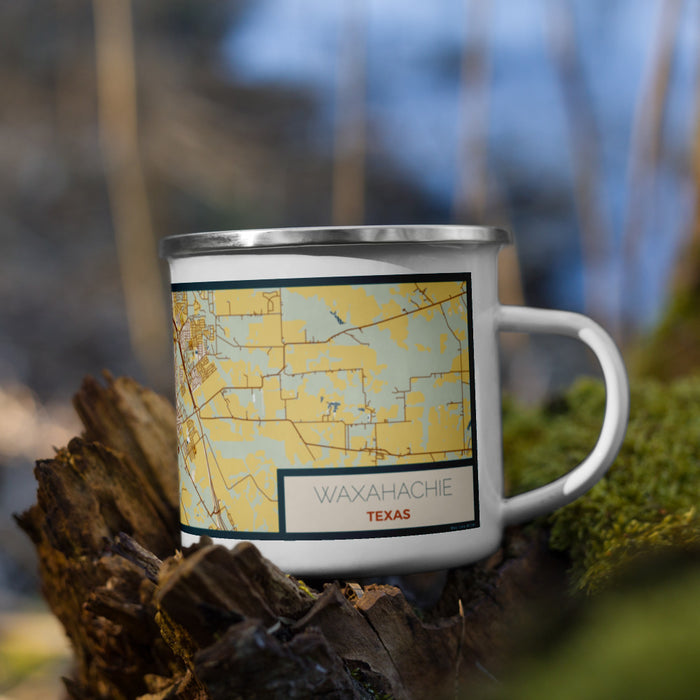 Right View Custom Waxahachie Texas Map Enamel Mug in Woodblock on Grass With Trees in Background