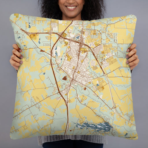Person holding 22x22 Custom Waxahachie Texas Map Throw Pillow in Woodblock