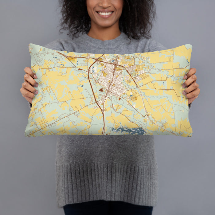 Person holding 20x12 Custom Waxahachie Texas Map Throw Pillow in Woodblock