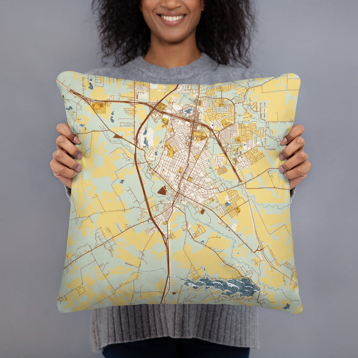 Person holding 18x18 Custom Waxahachie Texas Map Throw Pillow in Woodblock