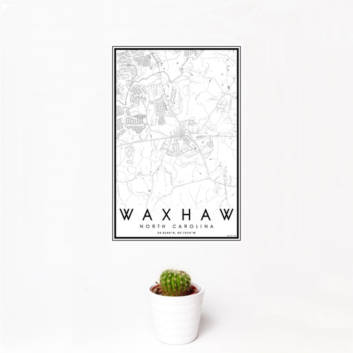 12x18 Waxhaw North Carolina Map Print Portrait Orientation in Classic Style With Small Cactus Plant in White Planter