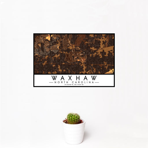 12x18 Waxhaw North Carolina Map Print Landscape Orientation in Ember Style With Small Cactus Plant in White Planter