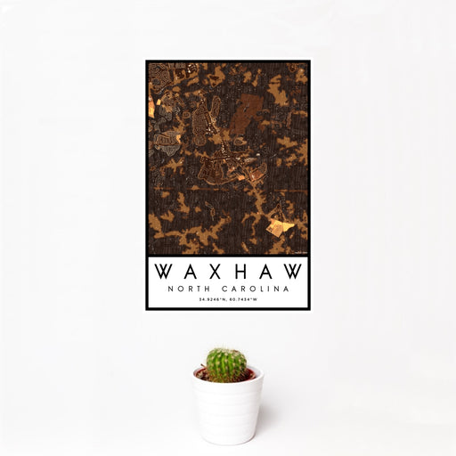 12x18 Waxhaw North Carolina Map Print Portrait Orientation in Ember Style With Small Cactus Plant in White Planter