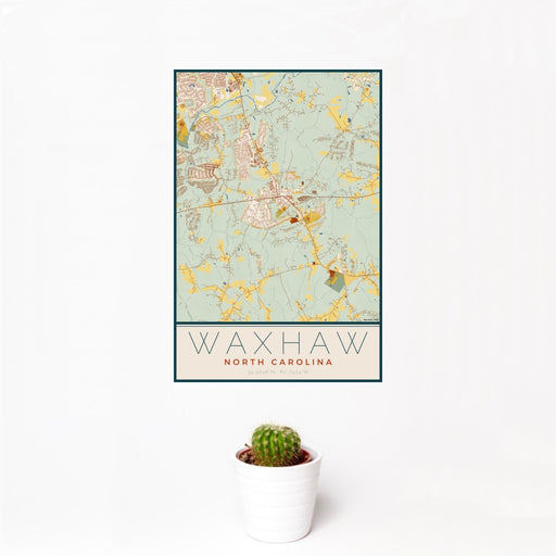 12x18 Waxhaw North Carolina Map Print Portrait Orientation in Woodblock Style With Small Cactus Plant in White Planter
