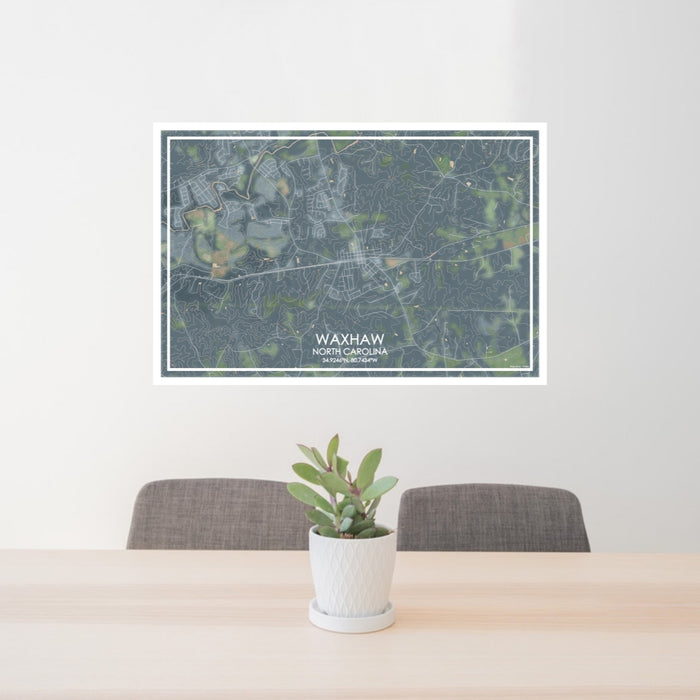 24x36 Waxhaw North Carolina Map Print Lanscape Orientation in Afternoon Style Behind 2 Chairs Table and Potted Plant