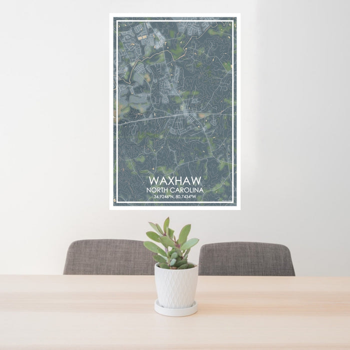24x36 Waxhaw North Carolina Map Print Portrait Orientation in Afternoon Style Behind 2 Chairs Table and Potted Plant