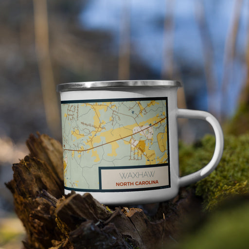 Right View Custom Waxhaw North Carolina Map Enamel Mug in Woodblock on Grass With Trees in Background