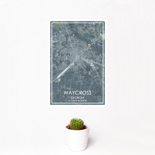 12x18 Waycross Georgia Map Print Portrait Orientation in Afternoon Style With Small Cactus Plant in White Planter