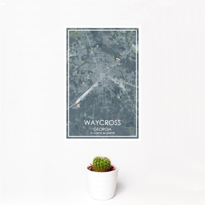 12x18 Waycross Georgia Map Print Portrait Orientation in Afternoon Style With Small Cactus Plant in White Planter