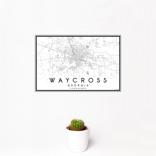 12x18 Waycross Georgia Map Print Landscape Orientation in Classic Style With Small Cactus Plant in White Planter