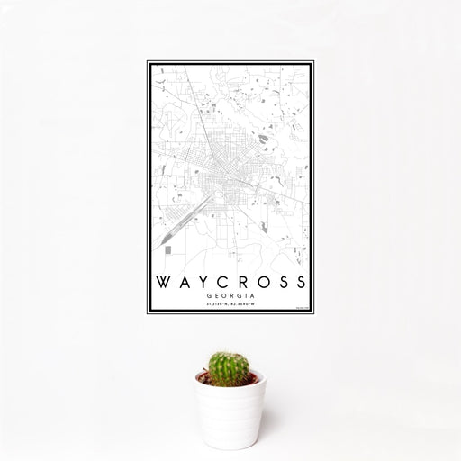 12x18 Waycross Georgia Map Print Portrait Orientation in Classic Style With Small Cactus Plant in White Planter
