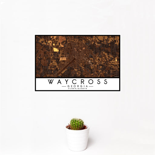 12x18 Waycross Georgia Map Print Landscape Orientation in Ember Style With Small Cactus Plant in White Planter