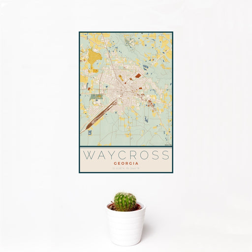 12x18 Waycross Georgia Map Print Portrait Orientation in Woodblock Style With Small Cactus Plant in White Planter