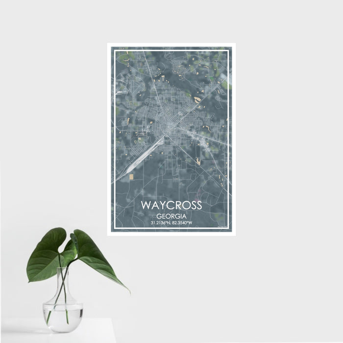16x24 Waycross Georgia Map Print Portrait Orientation in Afternoon Style With Tropical Plant Leaves in Water