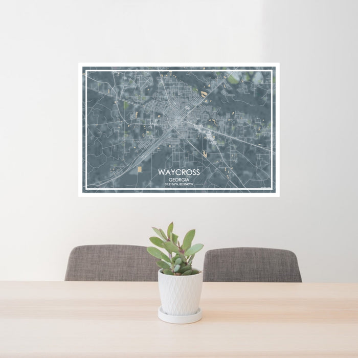 24x36 Waycross Georgia Map Print Lanscape Orientation in Afternoon Style Behind 2 Chairs Table and Potted Plant