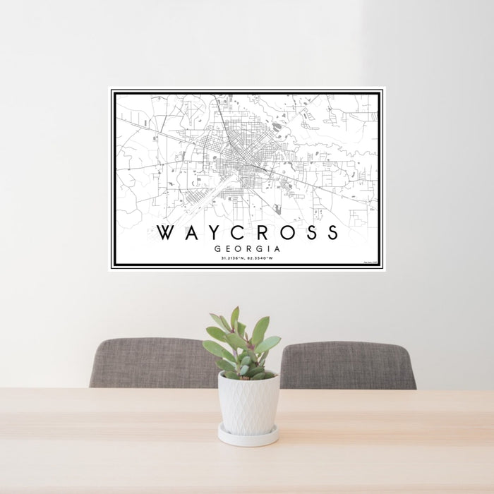 24x36 Waycross Georgia Map Print Lanscape Orientation in Classic Style Behind 2 Chairs Table and Potted Plant
