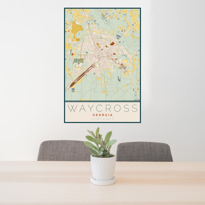 24x36 Waycross Georgia Map Print Portrait Orientation in Woodblock Style Behind 2 Chairs Table and Potted Plant