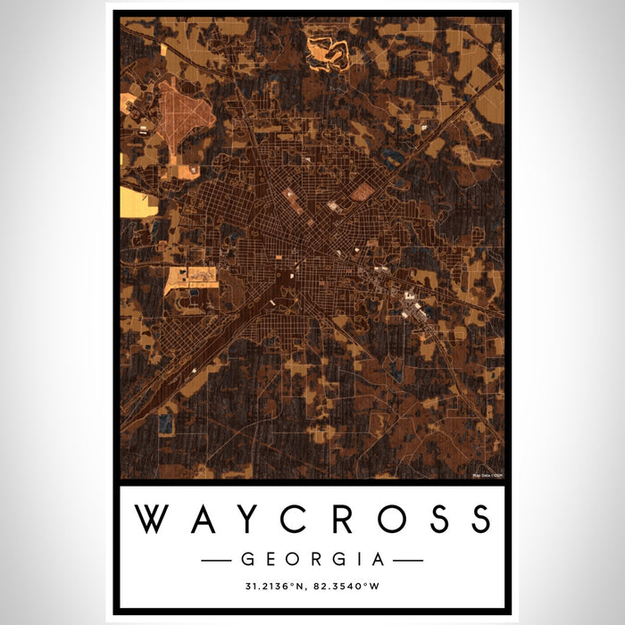 Waycross Georgia Map Print Portrait Orientation in Ember Style With Shaded Background