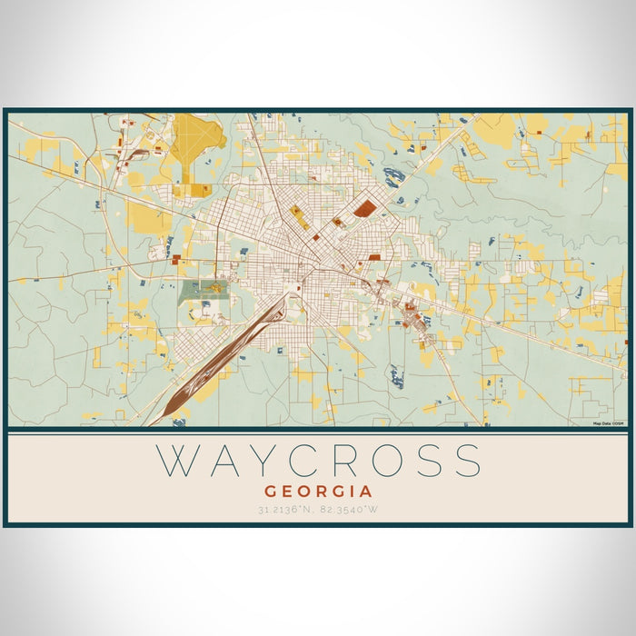 Waycross Georgia Map Print Landscape Orientation in Woodblock Style With Shaded Background