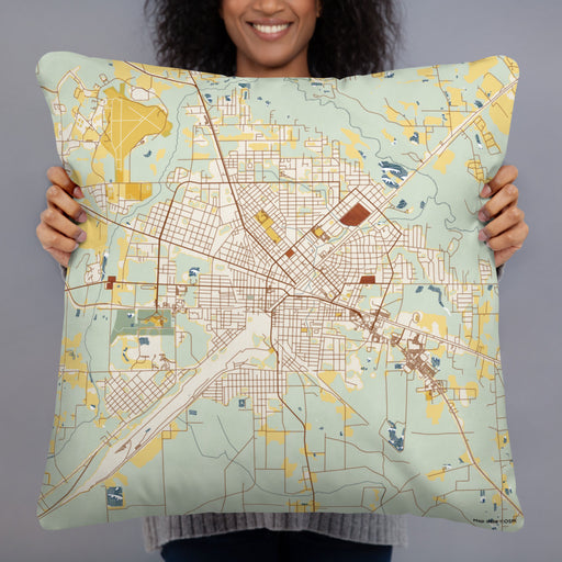 Person holding 22x22 Custom Waycross Georgia Map Throw Pillow in Woodblock